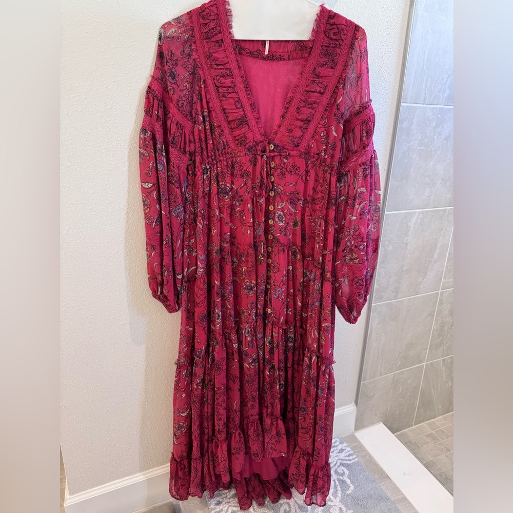 Free People Burgundy Floral Long Sleeve Dress